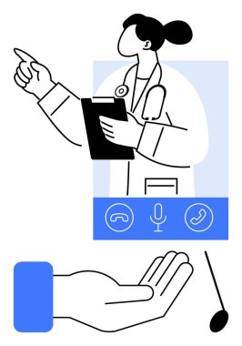 Doktor, elinde steteskopla panoyu boynuna tutarken işaret etti. Arayüz ögeleri arasında mikrofon, telefon simgesi var. Uzatılmış el ve iletişim araçları. Teletıp ve sağlık için ideal