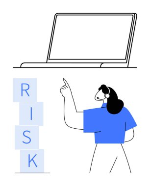 Dizüstü bilgisayarın altında RISK 'i heceleyen istiflenmiş bloklara doğru hareket eden bir kadın. Risk yönetimi, karar verme, iş stratejisi, eğitim, analiz, yenilik için ideal, soyut düz metafor