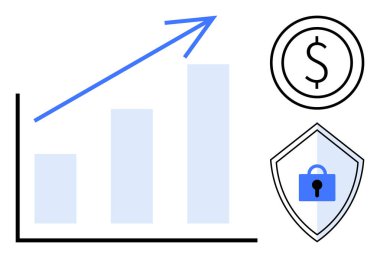 Yukarı doğru ok işaretli ölçü grafiği büyümeyi, dolar işaretleri finansal yönleri ve kalkanın güvenliği sembolize ettiğini gösteriyor. Finans, iş büyümesi, güvenlik ve yatırımlar için ideal