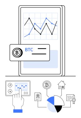 Bitcoin ticaret grafiği, el ayarlama ayarları ve engelleme ağı bağlantıları ile mobil ekran. Finans, kripto para birimi, blok zinciri, veri görselleştirme, fintech, yatırım için ideal