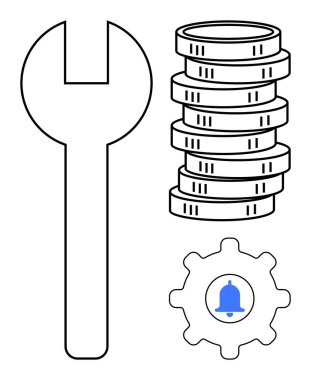 İngiliz anahtarı, birikmiş madeni paralar ve teçhizat, bakım, mali planlama, alarmlar ve ayarları vurguluyor. Temalar için ideal teknoloji, verimlilik, ekonomi verimliliği