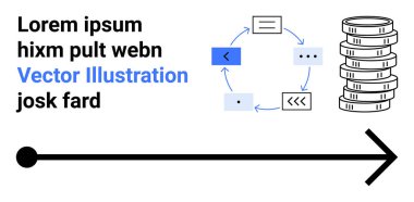 Yön okları olan dairesel süreç akışı, karı temsil eden bozuk paralar ve düz bir ok. Veri akışı, büyüme stratejisi, planlama, süreç optimizasyonu, yenilik ve finans için ideal