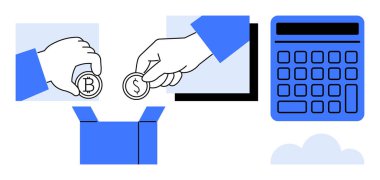 Hesap makinesi ve bulutun yanında şifreli para ve dolarları bir kutuya koyan eller. Finans, bütçe, tasarruf, yatırım, kripto para, dijital ekonomi e-ticaret için ideal. Düz basit