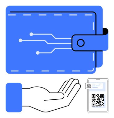 Devre desenli cüzdan, açık el ve QR kodlu akıllı telefon. Ödeme, kripto para birimi, mobil bankacılık, teknoloji, e-ticaret fintech ve ulaşılamaz çözümler için ideal. Düz basit