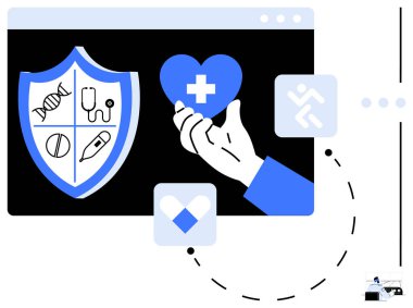 DNA, steteskop, ilaç, şırınga ikonları, tıbbi haçla el ele tutuşan kalp, sağlık, bakım ve güvenliği simgeliyor. Sağlık hizmetleri için ideal sağlık sigortası önleme