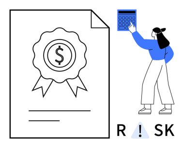 Dolar rozeti olan bir belge, mavi hesap makinesinde hesap yapan biri ve RISK 'de işaretlenmiş bir uyarı. Finans, muhasebe, denetleme, yatırım, sigorta, karar verme dairesi için ideal