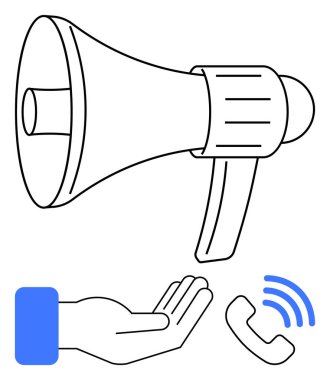 Megafon anonsu, açık el öneri yardımı, ses dalgalı telefon alıcısı iletişimi simgeliyor. Pazarlama, destek, sosyal yardım, müşteri hizmetleri, farkındalık için ideal