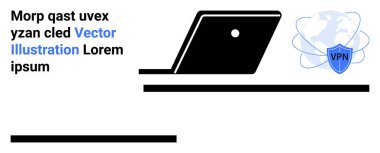 Bilgisayarı VPN kalkan simgesi ve güvenli internet erişimini sembolize eden küresel ağ grafiği ile aç. Siber güvenlik, gizlilik, çevrimiçi koruma, teknoloji, bilişim hizmetleri, uzaktan çalışma, soyut