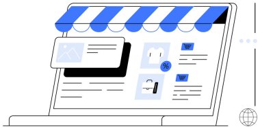 Çizgili güneşlik, ürün kartları, indirim etiketi ve dizüstü bilgisayarında alışveriş arabası olan dijital mağaza önü. E-ticaret için ideal, çevrimiçi alışveriş, perakende satış, dijital mağazalar, tüketici davranışı küçük