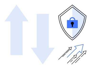 Yukarı ve aşağı iki büyük ok, mavi kilitli kalkan, sağı işaret eden üç küçük ok. Siber güvenlik, veri koruması, şifreleme, güvenli iletişim, veri değişimi, İnternet için ideal