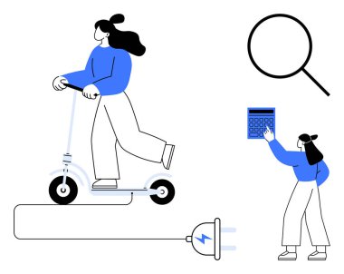 Elektrikle çalışan scooter 'daki kadın, güç ikonu takan, büyüteç sembolü büyüten, hesap makinesiyle etkileşime geçen kişi. Hareket edebilirlik, enerji, sürdürülebilirlik, ulaşım yeniliği ve araştırma için ideal