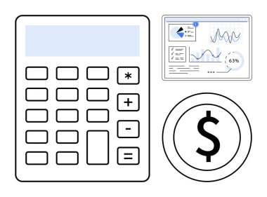 Hesap makinesi, grafikli mali tablo ve bütçe, muhasebe ve analizi vurgulayan bir dolar işareti. Finans, iş stratejisi, muhasebe, veri gözden geçirme yatırım planlama için ideal