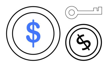 Açık bir anahtar ana hatının yanında farklı boyutlarda dolar işaretleri olan iki bozuk para. Finans, yatırım, tasarruf, erişim, zenginlik, bankacılık ve fırsat için ideal. Minimalist düz metafor