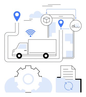 Teslimat kamyonu rota haritasında lobutlar, teçhizatlar, kablosuz sinyal ve senkronize belgeler. Lojistik, izleme, tedarik zinciri yönetimi, iş otomasyonu, bağlantı filosu için ideal