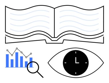 Açık kitap öğrenmeyi simgeler, büyüteçle çizelge analizi, saatle göz ise odak ve zamanı. Eğitim, araştırma, zaman yönetimi, üretkenlik ve strateji için ideal