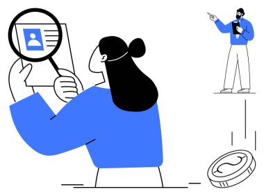 Aday profilini büyüteçle analiz eden kadın, veri sunan adam, yatırımı temsil eden düşen para. İşe alım, işe alım, yetenek yönetimi, kariyer büyümesi, analiz ve finans için ideal