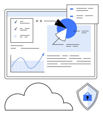 Çizelgeler, pasta grafiği, kontrol listesi ve çizgilerle analitik gösterge paneli. Bulut deposu ve kalkanlı kilit güvenliği vurguluyor. Teknoloji, veri, güvenlik, bulut servisi analitik iş stratejisi için ideal