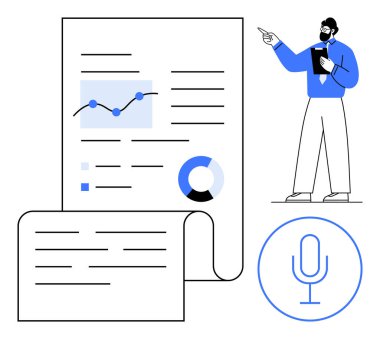 Grafikler, çizelgeler ve belgelerle veri analizi yapan bir adam. Analiz, sunumlar, iletişim, strateji, eğitim yayını için ideal. Temiz düz basit metafor