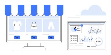 Ürün listeleriyle çevrimiçi mağaza arayüzü ve analitik gösterge paneliyle eşleştirilmiş satış verileri ve ölçümleri gösteriyor. Çevrimiçi alışveriş, perakende satış, dijital pazarlama ve veri için ideal
