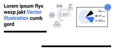 Dişliler, küpler, iletişim simgeleri, pasta grafiği ve finansal sembollü ERP sistem konsepti. İş yönetimi, veri çözümleri, analitik, finans akışı optimizasyon işlemleri için ideal