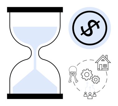 Dolar işaretli kum saati ve para zaman değerini vurguluyor. Ev, anahtarlar, dişliler ve grup simgeleri mülkiyet, takım çalışması, planlama ve mali strateji öneriyor. İş zamanı yönetimi için ideal gerçek