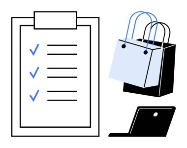 Kontrol listesi, monokromatik alışveriş torbaları ve üretkenlik görevleriyle uğraşan minimalist bir dizüstü bilgisayar. E-ticaret, çevrimiçi alışveriş, organizasyon, görev yönetimi, dijital perakende için ideal