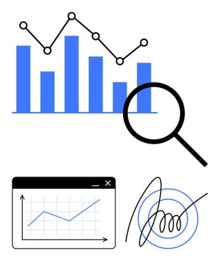 Büyüteç altında çizgi grafiği, yükselen çizgi grafikli dijital panel, soyut imza. Analiz, iş büyümesi, araştırma, teknoloji, veri güvenliği ve strateji dairesi için ideal