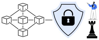 Engelleme ağı şeması, siber güvenlik kalkanı, satranç kalesindeki kişi stratejiyi sembolize ediyor. Teknoloji, güvenlik, engelleme zinciri, liderlik, strateji yenilik planlama için idealdir. Düz