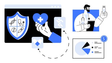 Mavi ve beyaz tasarım, tıbbi ikonlar, kalp bakım sembolleri, pano ve ilaçlı doktor, finansal pasta grafiği. Sağlık, sigorta, finans, bakım, danışma güvenliği için ideal