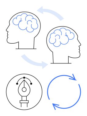 Beyin bağlantısı olan iki kafa, kalem ucu ve dairesel oklar. Yaratıcılık, fikirler, yenilik, işbirliği, tasarım düşünce paylaşımı için idealdir. Düz basit metafor