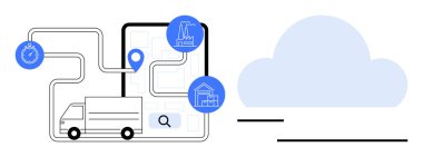 Uygun konum noktalarıyla haritalı rotayı takip eden bir nakliye kamyonu. Lojistik, ulaşım, tedarik zinciri, rota planlaması, bulut hesaplama, filo yönetimi, akıllı sistemler için ideal. Düz