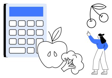 Hesap makinesi, elma, brokoli, kiraz ve kadın besin, sağlıklı beslenme, gıda planlaması, diyet yönetimi, kalori takibi ve düz bir düzlemde dikkatli tüketimi vurguluyor.