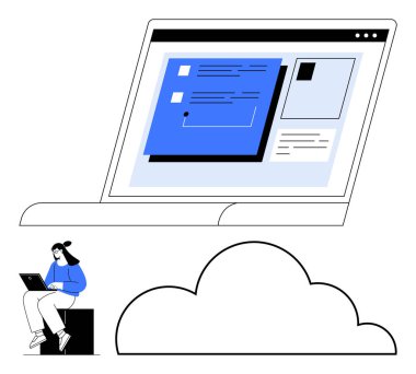 Modern arayüze sahip dizüstü bilgisayar, kullanıcı bulut bağlantılı sistemle etkileşimde. Bulut hesaplama, uzaktan çalışma, teknoloji, veri erişimi, çevrimiçi işbirliği, yazılım tasarımı için ideal, minimal düz