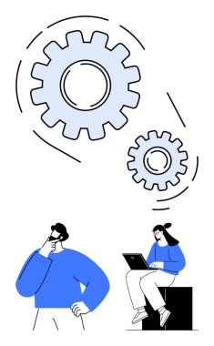 Büyük vitesler, düşünceli bir adam ve dizüstü bilgisayar kullanan bir kadının üstünde hareket ediyor. Takım çalışması, problem çözme, yenilik, işbirliği, verimlilik, beyin fırtınası, planlama için ideal. Düz basit metafor