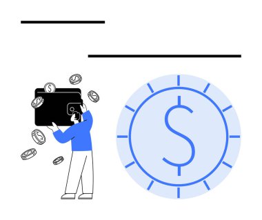 Üzerinde dolar sembolü olan büyük bir saatin yanında cüzdan ve bozuk paralar tutan bir adam. Finans, tasarruf, yatırım, zaman yönetimi, kazanç, bütçe ve ekonomik değer için ideal. Düz basit metafor