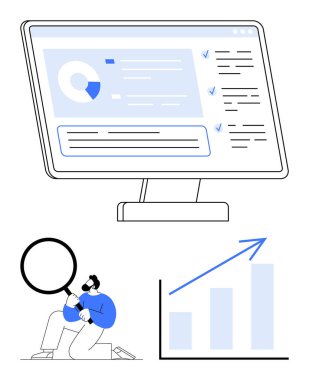 Bilgisayar ekranında analitik görüntüler, büyüteçle inceleyen adam, yükselen büyüme tablosu. İş, analitik, veri içgörüleri, strateji, pazarlama, üretkenlik için ideal. Basit