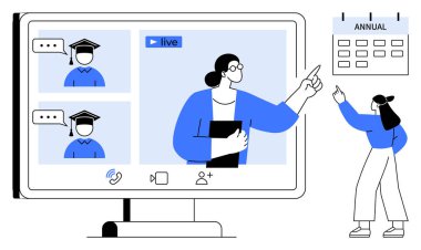 Öğretmen sanal derste öğrencilerle etkileşime girer, ekranı, sohbet baloncukları, takvimi vardır. Eğitim için ideal, webinar, takım çalışması, e-öğrenim iletişimi uzaktan öğrenme. Düz