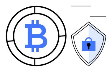 Çemberin içinde kilidi olan bir kalkanın yanında Bitcoin sembolü var. Kripto para birimi güvenliği, çevrimiçi güvenlik, veri koruması, mali güvenlik, fintech, engelleme zinciri, dijital işlemler, soyut
