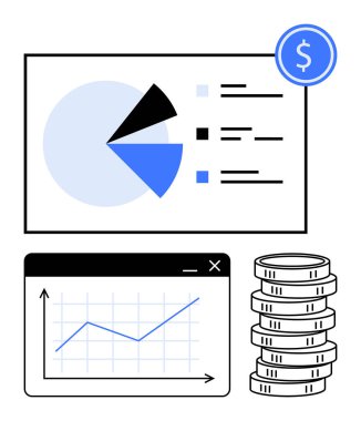 Segmentli pasta grafiği, tarayıcı penceresinde çizgi grafiği ve istiflenmiş paralar. Finans, iş büyümesi, yatırım, analitik, kar takibi birikimleri için ideal. Düz basit metafor