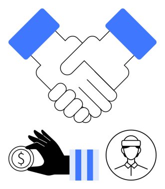 Anlaşmayı sembolize eden tokalaşma, madeni para transferi için para tutma ve işçi profili çizimi. İşbirliği, ortaklık, takım çalışması, finans, ticaret, istihdam anlaşması için ideal