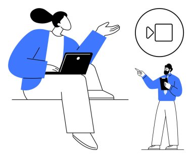 Bilgisayarlı kadın ve video konferans ikonunu işaret eden erkek arasındaki profesyonel konuşma. Takım çalışması, iletişim, teknoloji, uzaktan çalışma, eğitim, yenilik, online toplantılar için idealdir. Düz