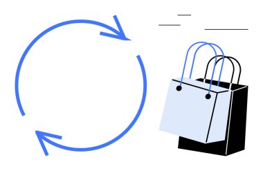 Alışveriş torbalarına yönelen mavi dairesel oklar geri dönüşüm, sürdürülebilirlik ve çevre dostu uygulamaları sembolize ediyor. Temalar için ideal sürdürülebilirliği, geri dönüşümü, çevre dostu
