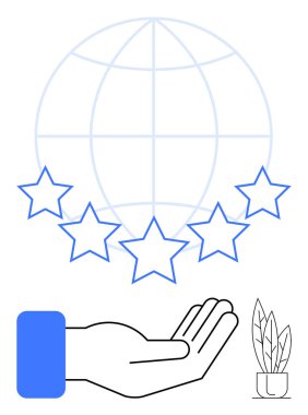 Bir bitkinin eşlik ettiği bir kürenin önündeki beş yıldızın altındaki el. Sürdürülebilirlik, kalite, bakım, küresel hizmetler, büyüme, mükemmellik yardımı için ideal. Düz basit metafor