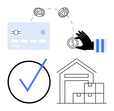 Bozuk paralı kredi kartı ödemeyi, para değişimi için bir madeni parayı, lojistik için kutularla dolu bir depoyu ve ödeme başarısını onaylayan onay işaretini simgeler. Finans ve e-ticaret için ideal