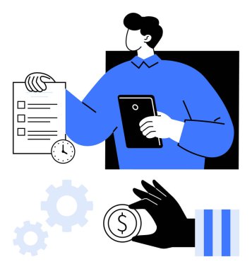 Profesyonel kontrol listesi ve tablet, zaman yönetimini sembolize ediyor. Saat, vites, ve madeni para verimliliği, işbirliği, finans. İş için ideal, işlem verimliliği planlama