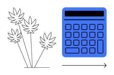 Kenevir bitkileri bir hesap makinesi ve büyüme veya hareketi gösteren bir ok ile eşleştirilmiştir. Yatırım için ideal, hukuk endüstrisi, iş büyümesi, tarım, bütçe, vergiler, fırsatlar. Düz basit