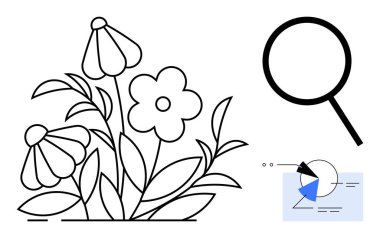 Yapraklı çiçek çizgileri büyüteç ve pasta grafiğinin yanında. Doğa, araştırma, analiz, ekoloji, büyüme, öğrenme ve araştırma için ideal. Düz basit metafor