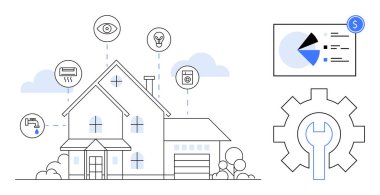 Bağlı akıllı ev aletleri, veri analizlerine ve bakım ekipmanlarına sahip modern bir ev. Teknoloji, otomasyon, verimlilik, enerji tasarrufu, güvenlik verileri ve yenilik temaları için ideal. Düz basit