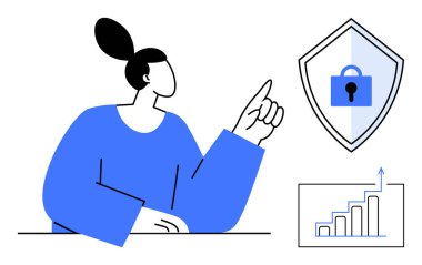 Kilit simgesi ve çubuk grafiği yükselen güvenli kalkanı gösteren bir kadın. Konseptler için ideal başparmak Siber güvenlik, veri koruması, iş büyümesi, güvenlik farkındalığı, çevrimiçi güvenlik, veri işleme