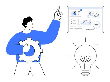 Ampul yaratıcılığı, fikir üretimini ve problem çözmeyi temsil ederken, dişli sembolü analitik gösterge paneline işaret eder. Liderlik, strateji, teknoloji, yenilik, takım çalışması için ideal